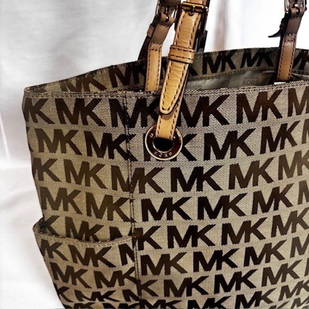 Michael Kors MK Logo Canvas Tote Bag Brown Tan Large Shoulder Bag - Picture 2 of 13